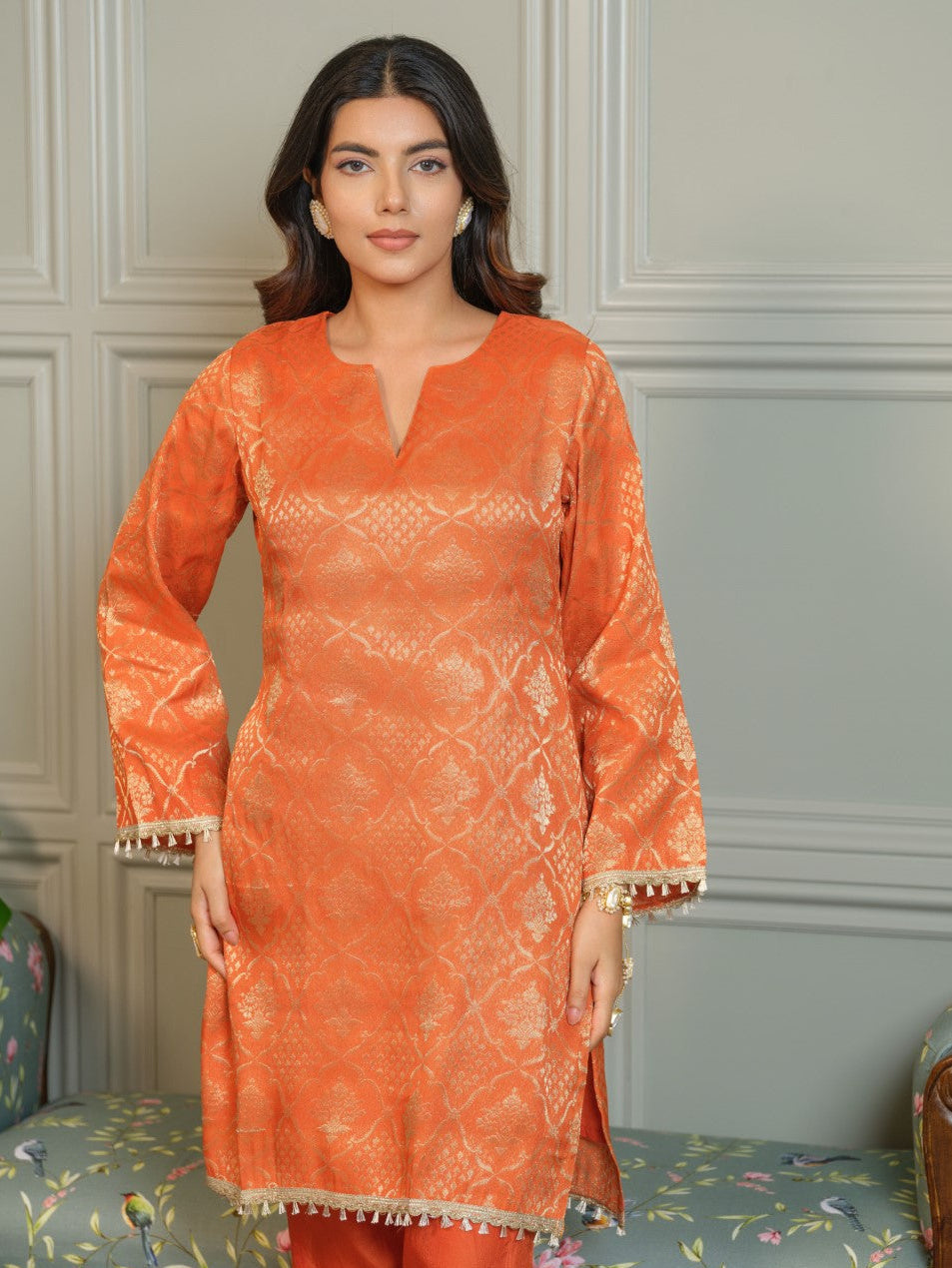 Palash Tangerine Jacquard Top Co-ord Set