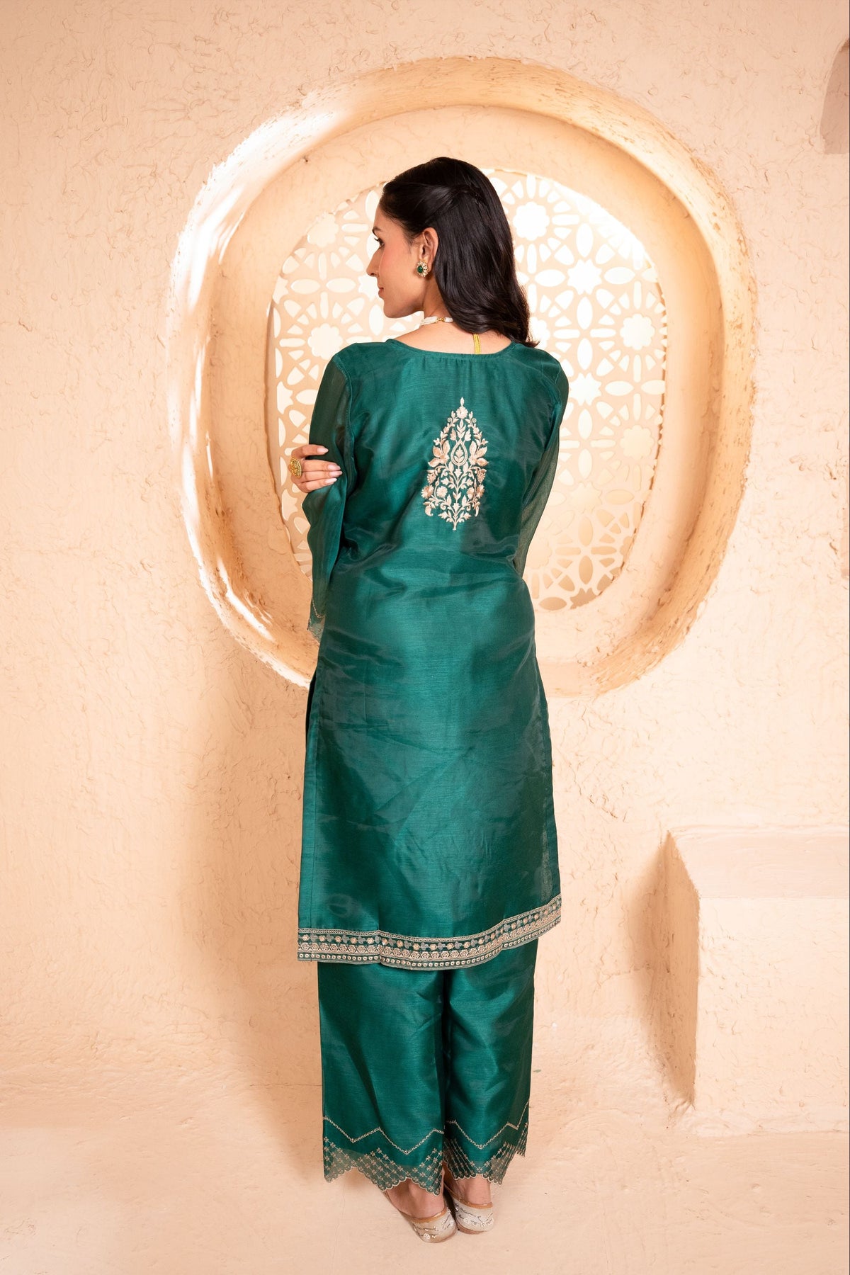 Sanjh Chanderi Embroidered Emerald  Suit Set