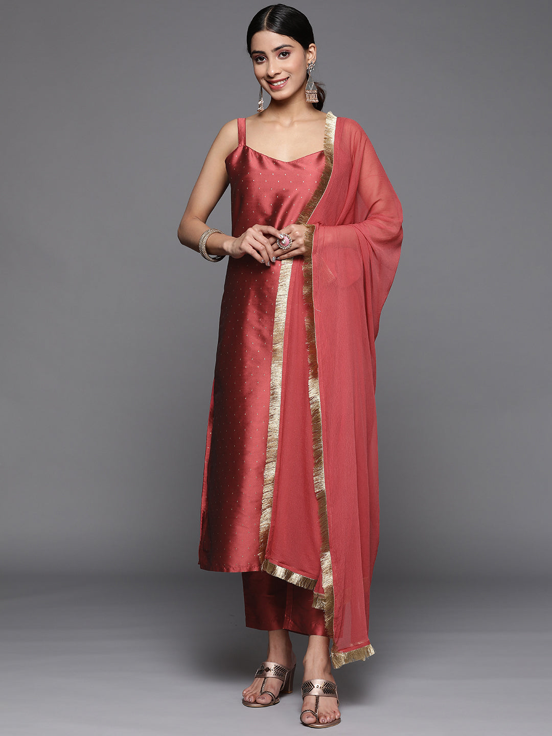 Dhiyona VR Women's Maroon Embroidered Straight Kurta, Round Neck With Side Slits