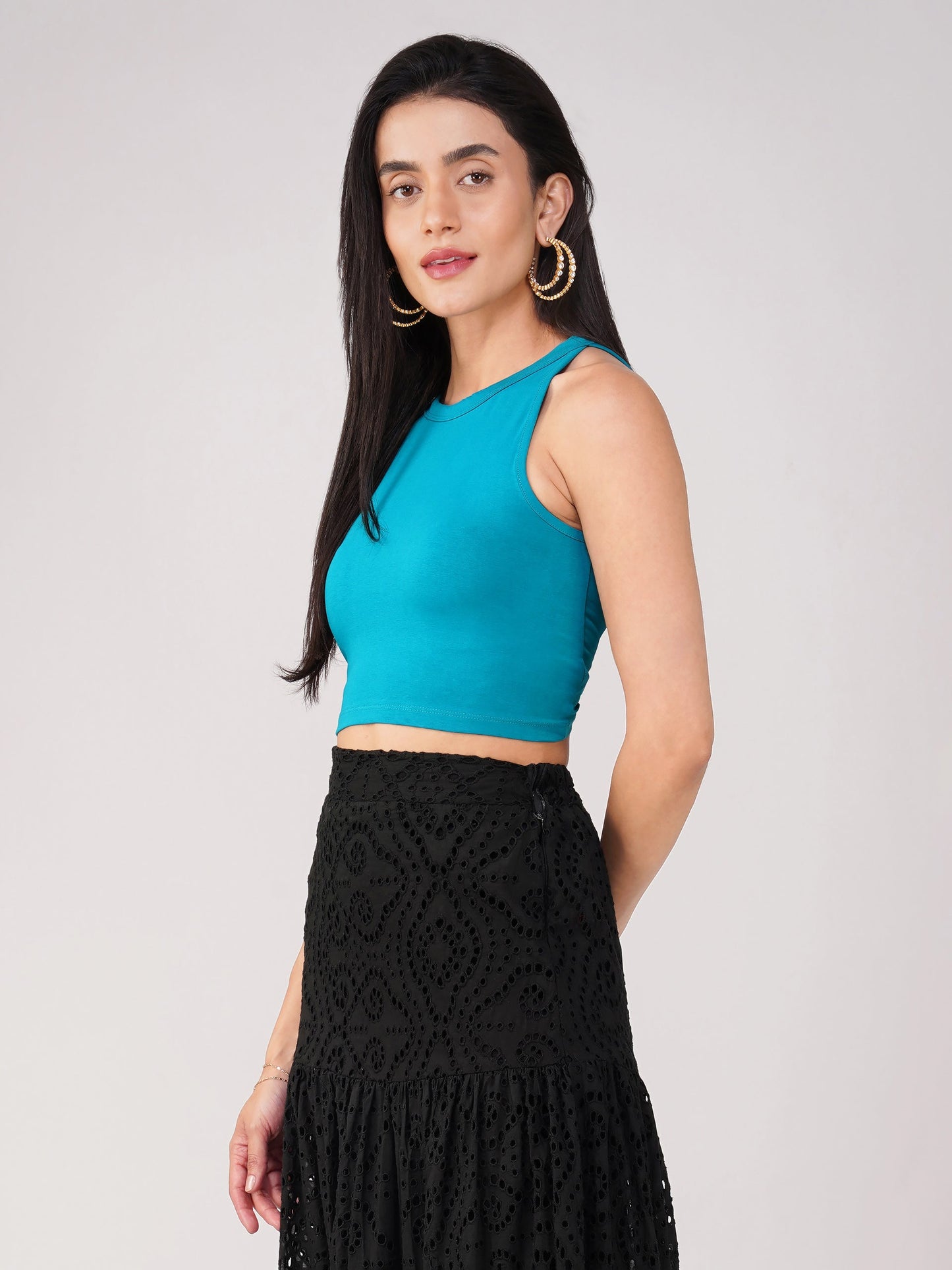 Dhiyona ST Women's Stretchy Knitted Halter Neck Turquoise Crop Top