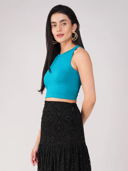 Dhiyona ST Women's Stretchy Knitted Halter Neck Turquoise Crop Top