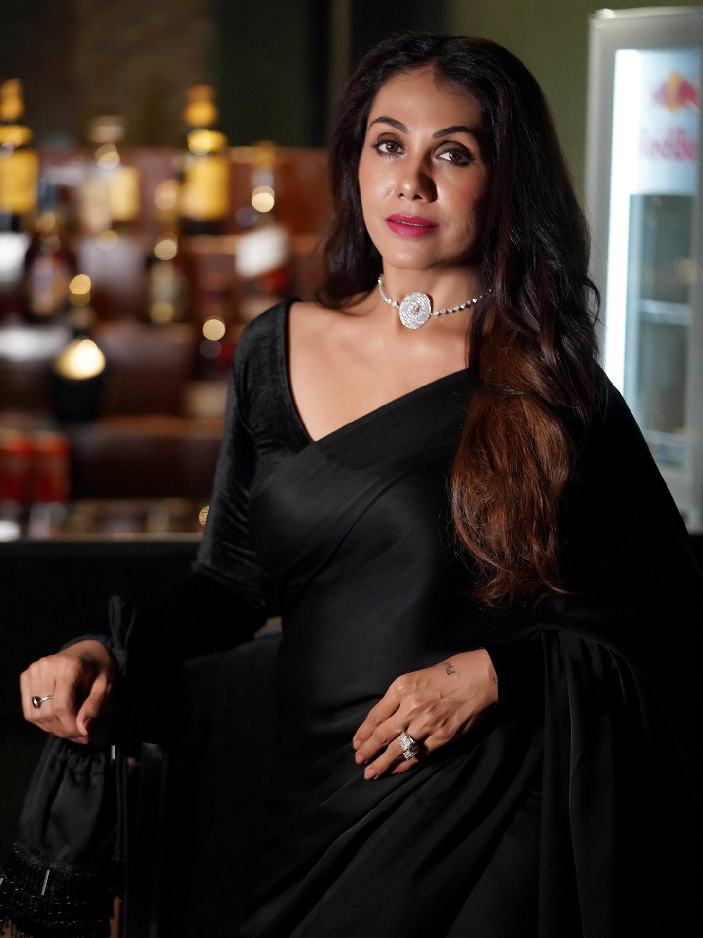 Dhiyona ST Pre-Draped 1-Minute Black Satin Saree with Big diamonds  and Blouse Fabric