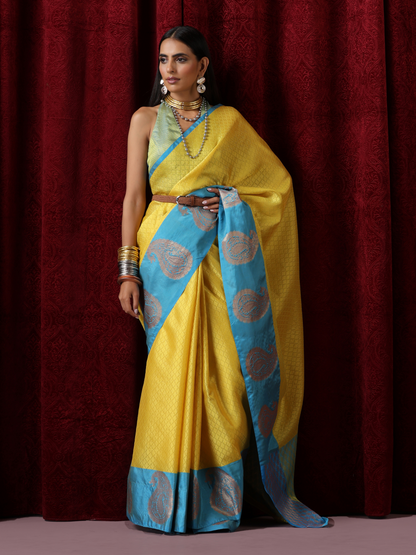 Dhiyona ST Yellow Jacquard Saree with Blue Border with Blouse Fabric