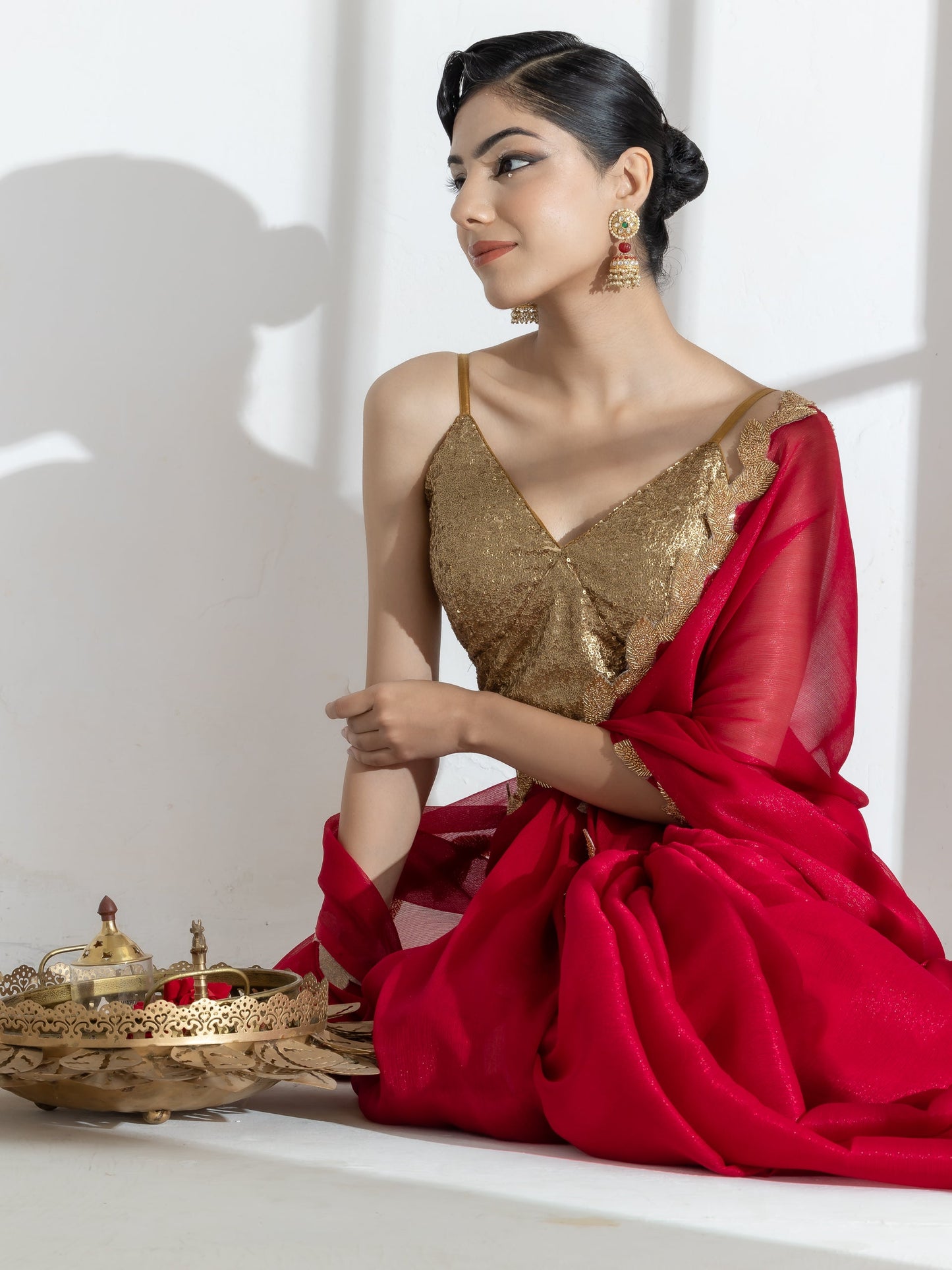 Dhiyona ST Vermilion Red Shimmer Chiffon Saree with Leaf Beaded Lace and Self Blouse Fabric