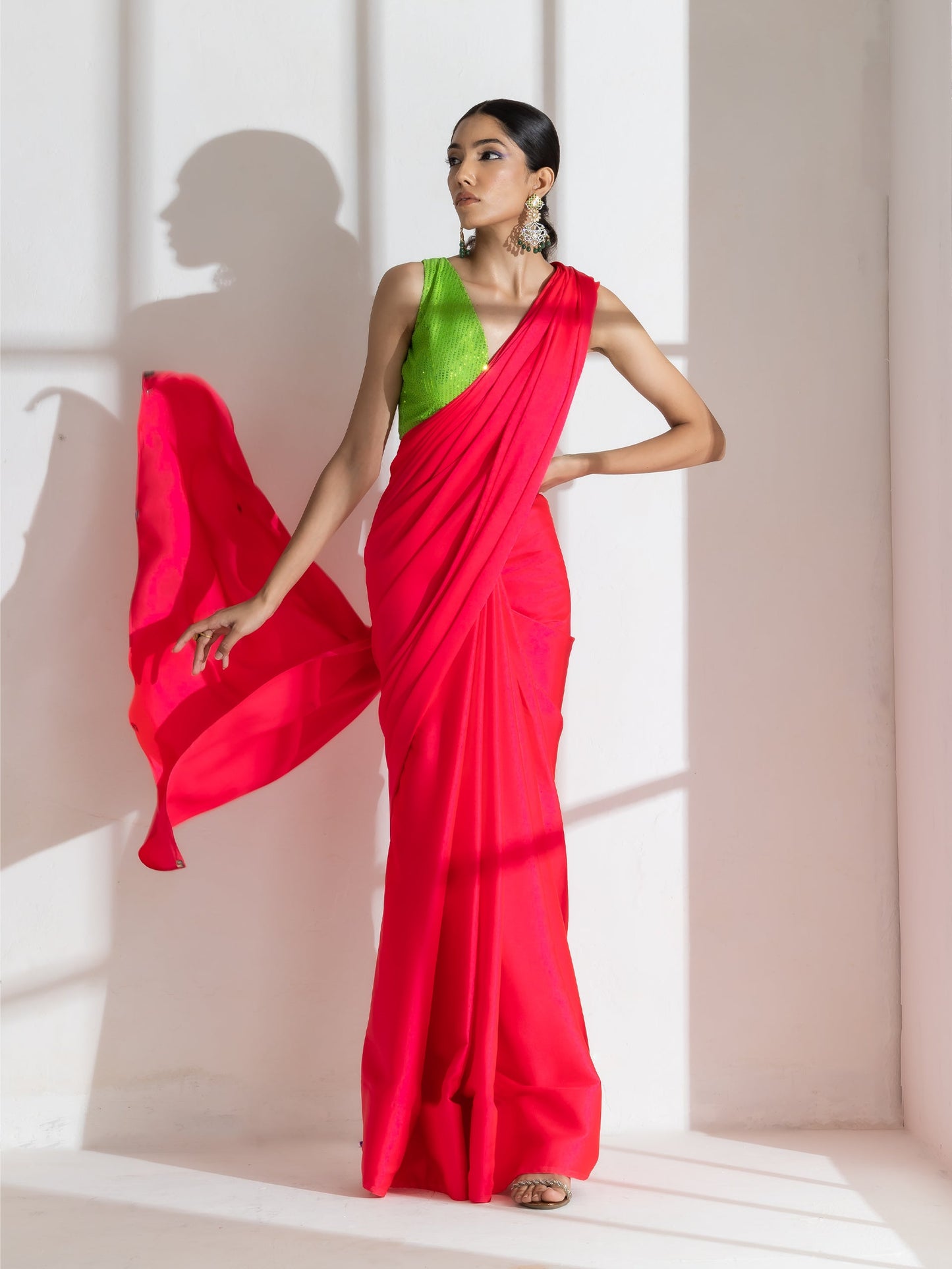 Dhiyona ST Hot Pink Satin Saree with Rainbow Beads and Green Sequin Blouse Fabric