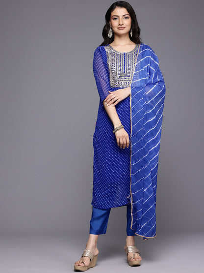 Dhiyona VR Women's Navy Blue Bandhani Zari Emboridered Kurta Set With Dupatta