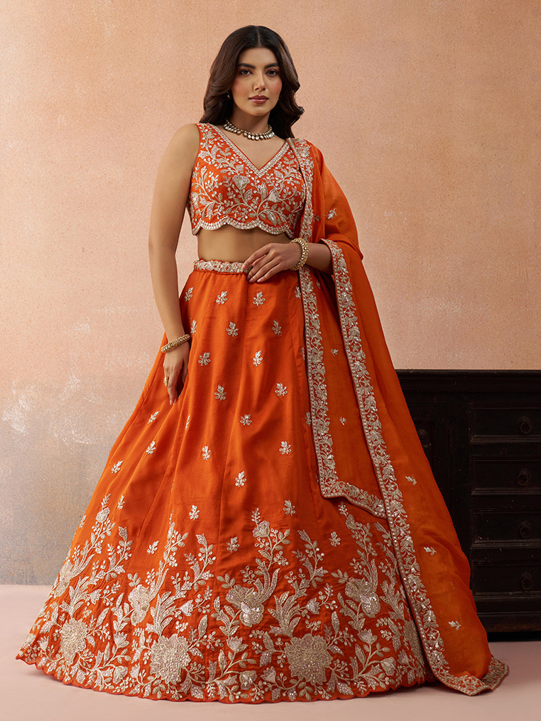Orange- Tissue Sequinned with Zari Embroidered Semi-Stitched Lehenga & Unstitched Blouse With Dupatta