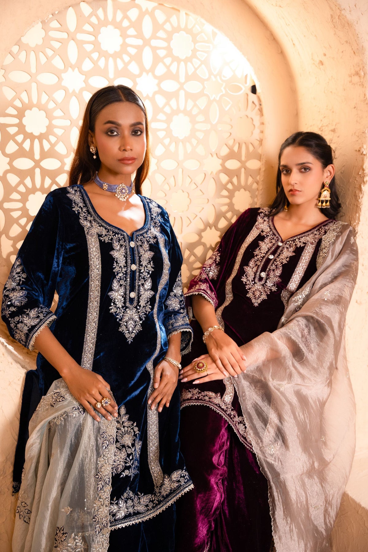 Zariya Silk Velvet Embroidered Navy Blue  Suit Set