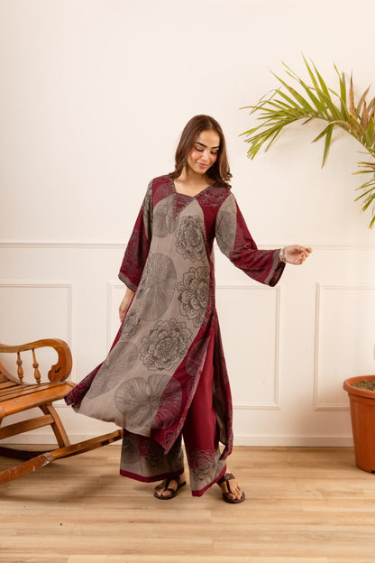 Karen Burgundy printed kurta pant set