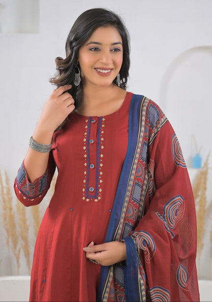 Ridhika Carmine cotton anarkali suit set