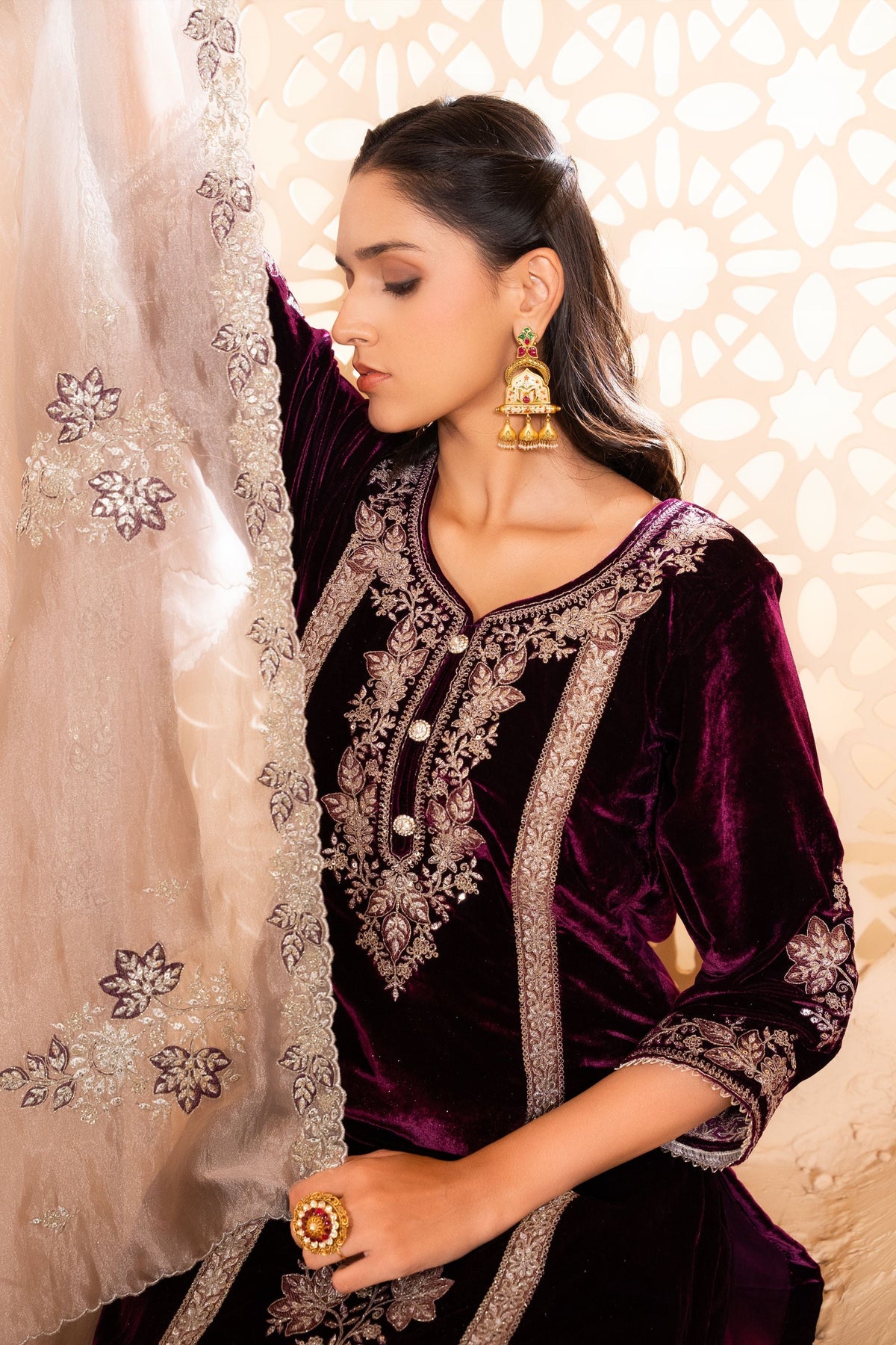 Zariya Silk Velvet Embroidered Wine  Suit Set