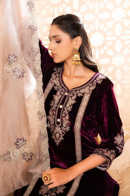 Zariya Silk Velvet Embroidered Wine  Suit Set