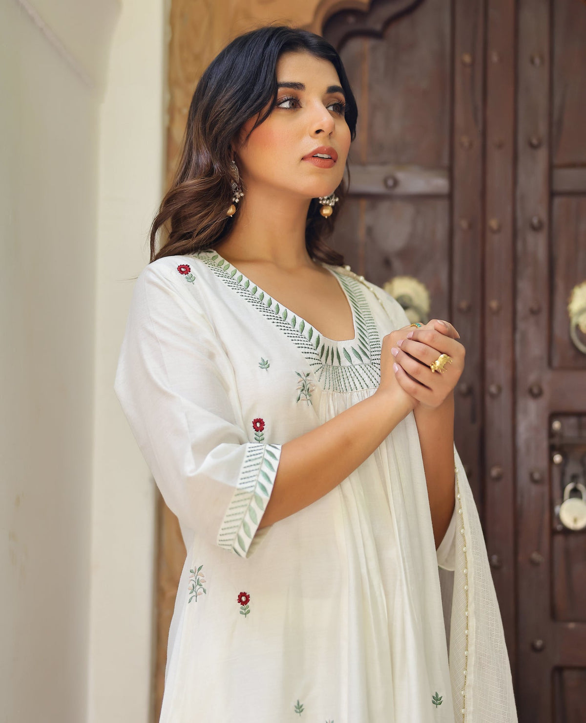 Resham White Chanderi Suit Set