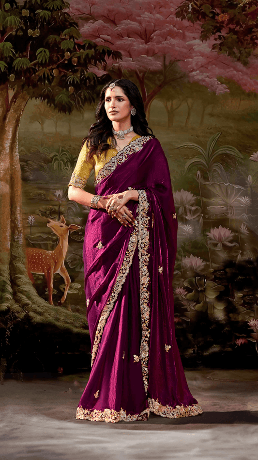 Dhiyona KM Women Wine Embroidered Organza Saree