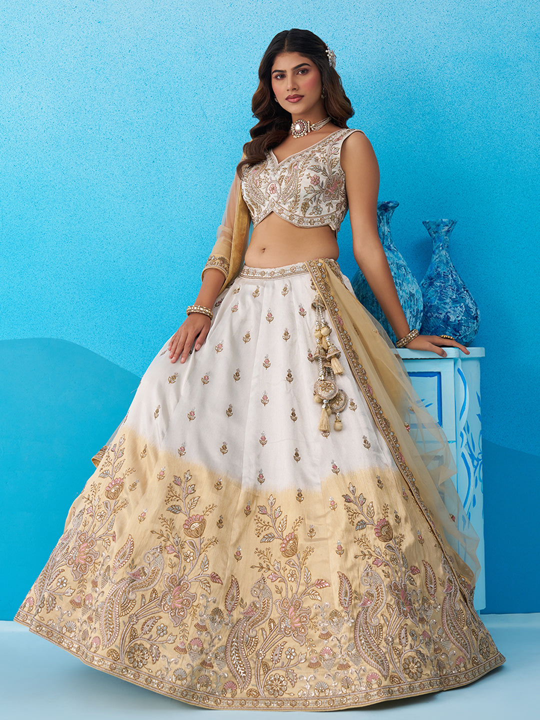 Tissue Beads & Sequins Embroidered Omber Beige and Cream Semi-Stitched Lehenga choli & Dupatta