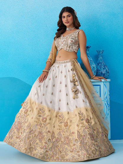 Tissue Beads & Sequins Embroidered Omber Beige and Cream Semi-Stitched Lehenga choli & Dupatta