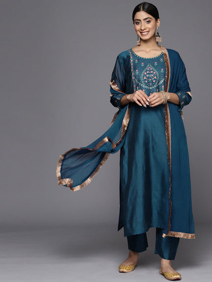 Dhiyona VR Women's Teal Embroidered Straight Kurta Paired With Tonal Bottom And Dupatta With Four Side Fringes