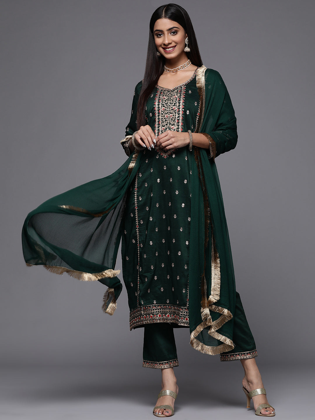Dhiyona VR Women's Green Embroidered Kurta Paired With Tonal Bottom And Dupatta