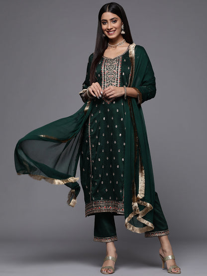 Dhiyona VR Women's Green Embroidered Kurta Paired With Tonal Bottom And Dupatta