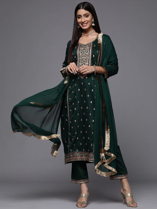 Dhiyona VR Women's Green Embroidered Kurta Paired With Tonal Bottom And Dupatta