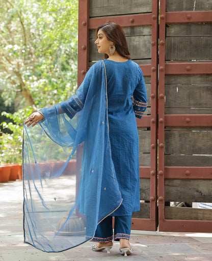 Rekha Blue Cotton Lurex Suit Set