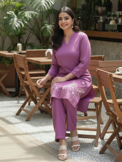 Viva Plum embroidery cotton kurta pant set