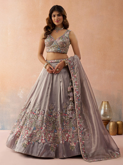 Lavender- Tissue Sequinned with Zarkan Embroidered Semi-Stitched Lehenga & Unstitched Blouse With Dupatta