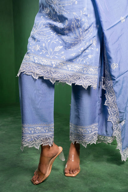 Ruh Mul Chanderi Embroidered Periwinkle  Suit Set