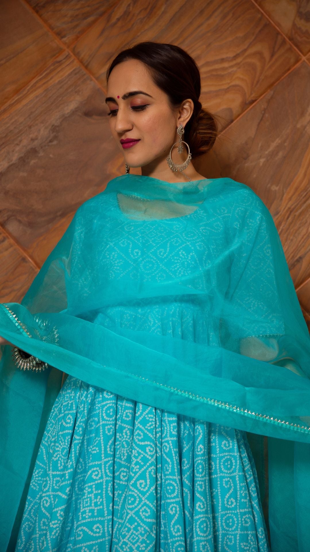 Bandhej Blue Cotton Anarkali Set