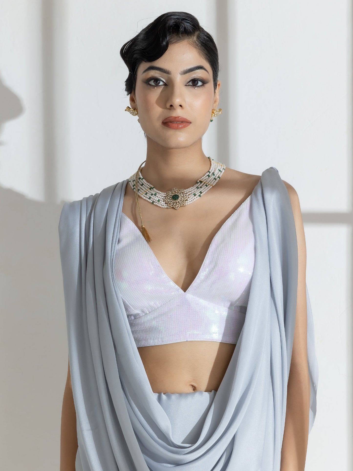 Dhiyona ST Quartz Grey Crepe Saree with beads and self Blouse fabric