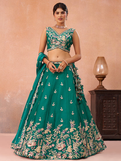 Green- Tissue Sequinned with Zari Embroidered Semi-Stitched Lehenga & Unstitched Blouse With Dupatta