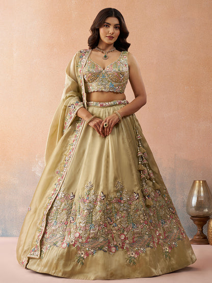 Beige- Tissue Sequinned with Zarkan Embroidered Semi-Stitched Lehenga & Unstitched Blouse With Dupatta