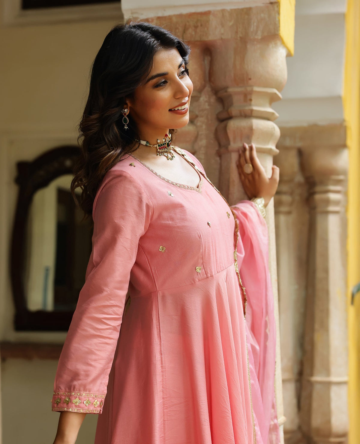 Leher Rose Pink Chanderi Suit Set