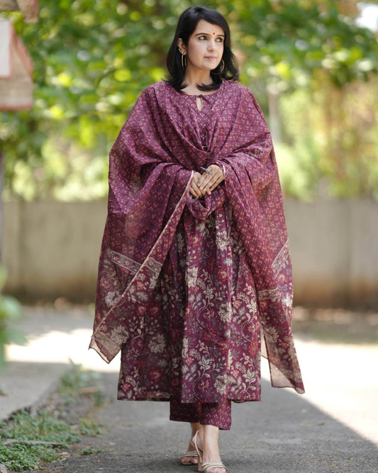 Women Maroon Anarkali Kurta And Pant Set With Dupatta