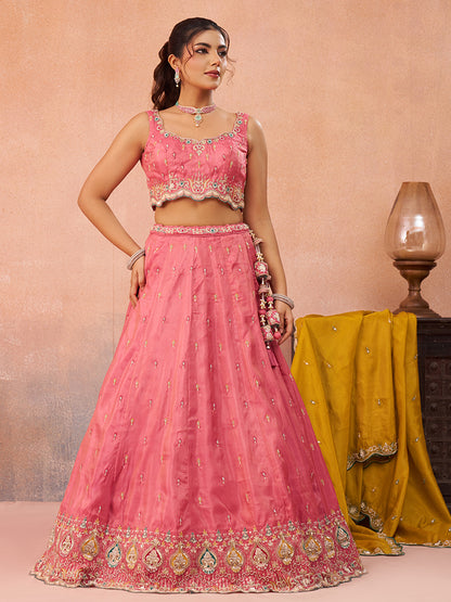 Pink- Cosmos Silk Beads & Sequins Embroidered Semi-Stitched Lehenga & Unstitched Blouse With Dupatta
