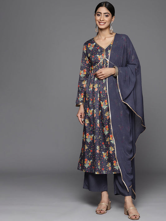 Dhiyona VR Women's Violet Sequin Embellished V-Neck A-Line Kurta Paired With Tonal Bottom Amd Dupatta