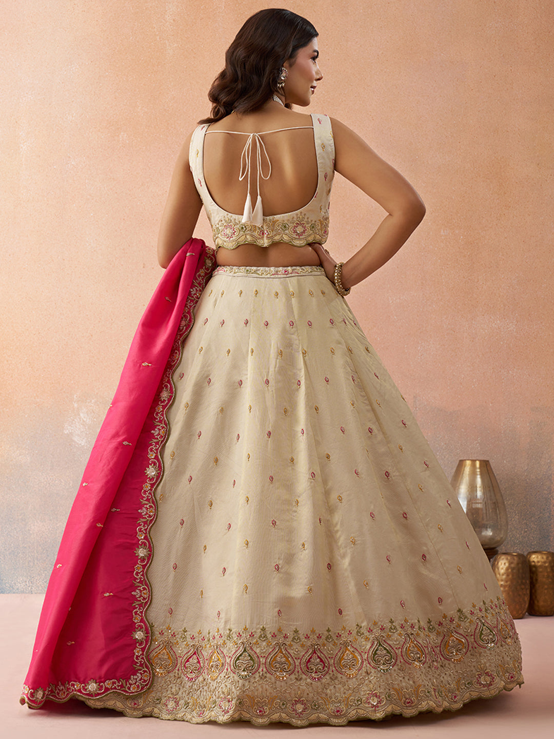 Cream- Cosmos Silk Beads & Sequins Embroidered Semi-Stitched Lehenga & Unstitched Blouse With Dupatta