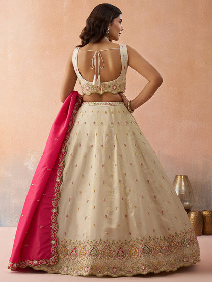 Cream- Cosmos Silk Beads & Sequins Embroidered Semi-Stitched Lehenga & Unstitched Blouse With Dupatta