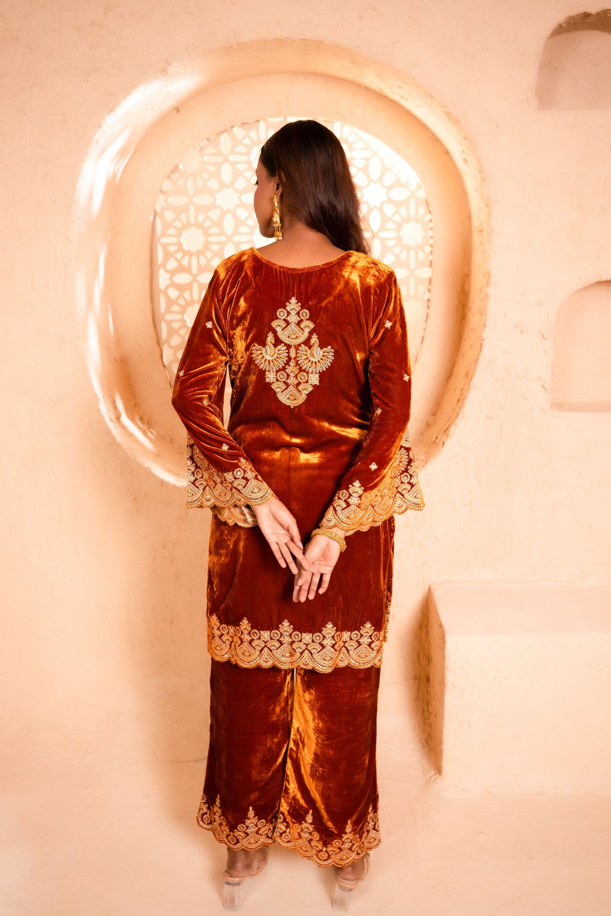 Saaz Silk Velvet Embroidered Rust  Suit Set