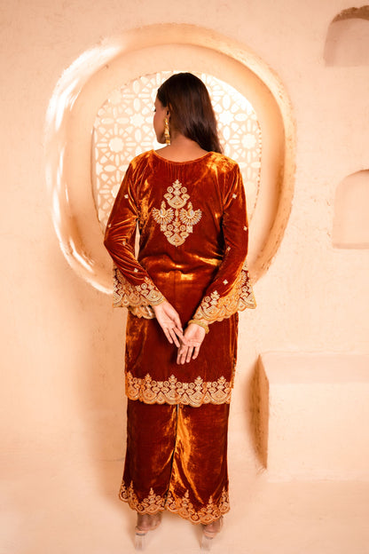 Saaz Silk Velvet Embroidered Rust  Suit Set