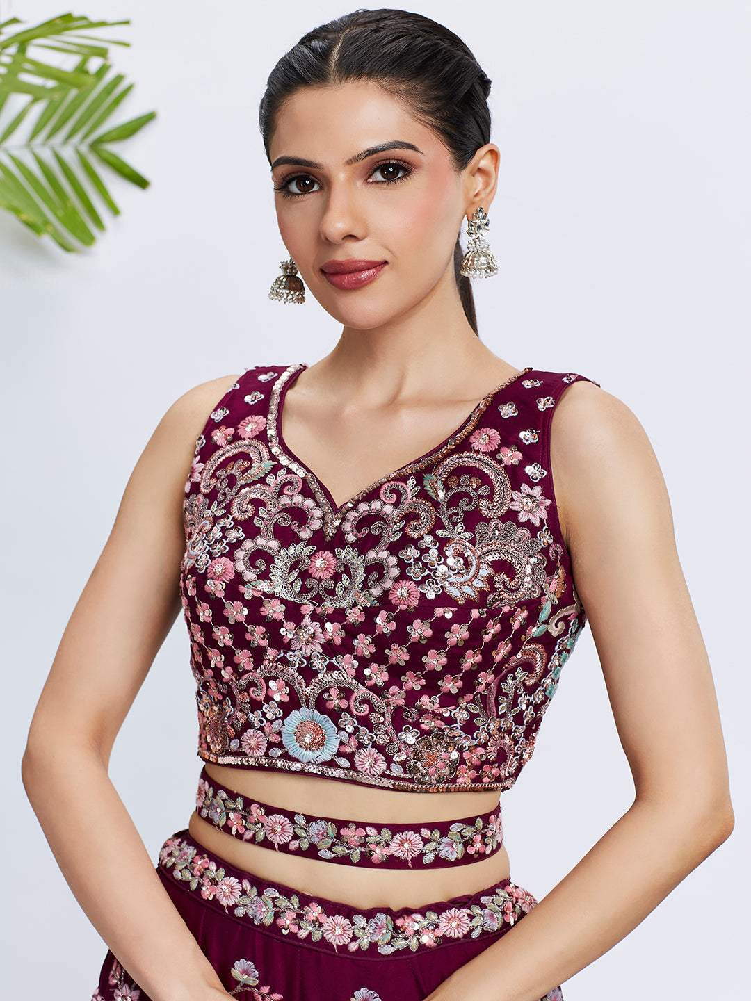 Women Burgundy Pure Georgette Sequins and thread embroidery  Lehenga choli & Dupatta