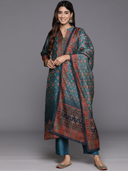 Dhiyona VR Women's Patola Printed, Teal & Beige Mandrin Collar ,Straight Kurta With Solid Bottom And Printed Dupatta