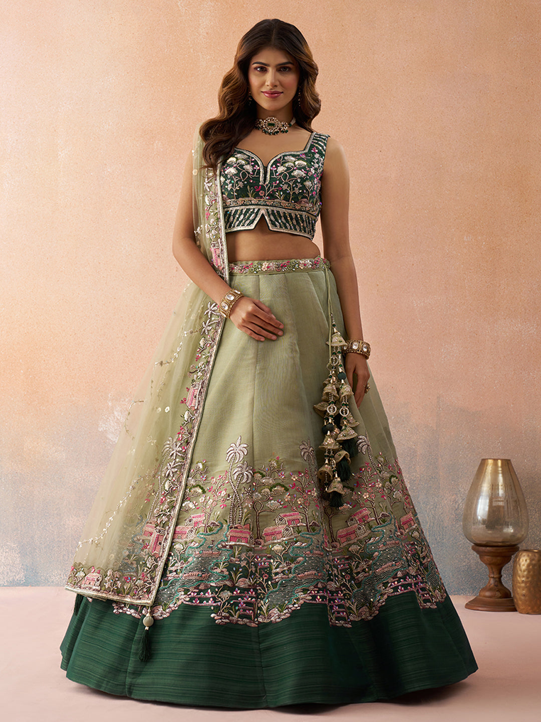 Green- Net Sequins Embroidered Omber Green and LimeGreen Semi-Stitched Lehenga choli & Dupatta