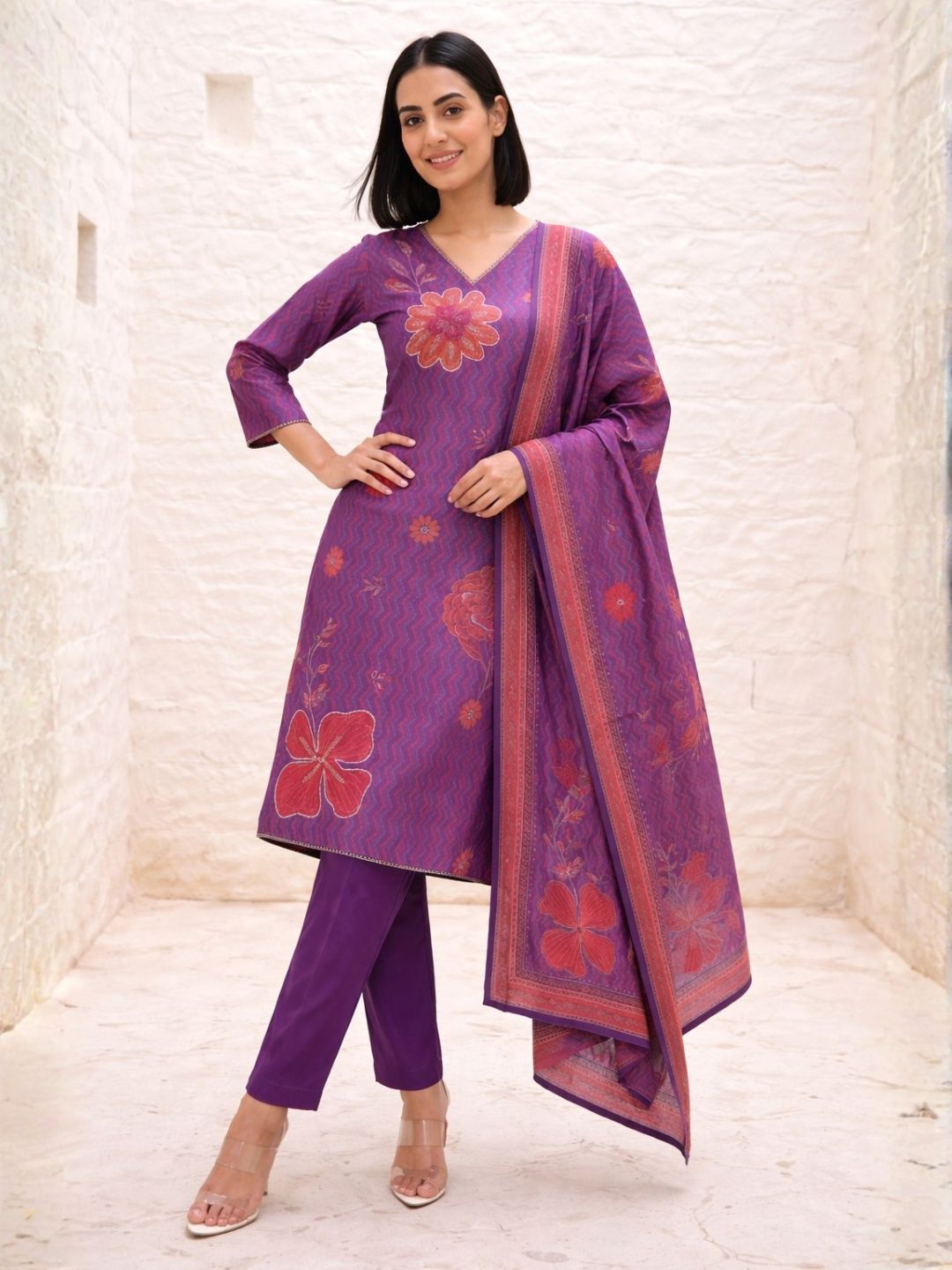 Malti Orchid Printed Shimmer Suit Set