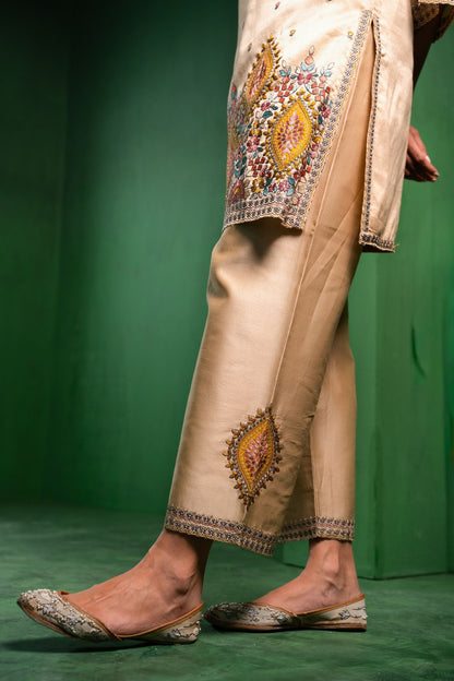 Meher Silk Chanderi Embroidered Beige  Suit Set