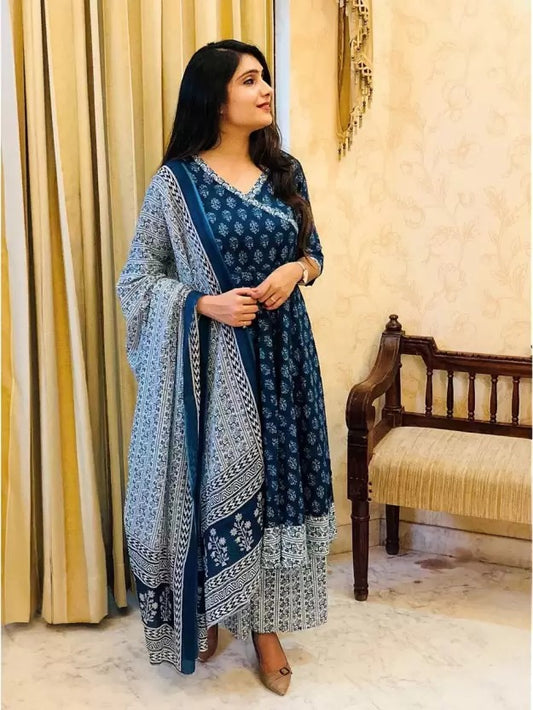 Women Blue Printed Viscose Rayon Kurta And Palazzo Set