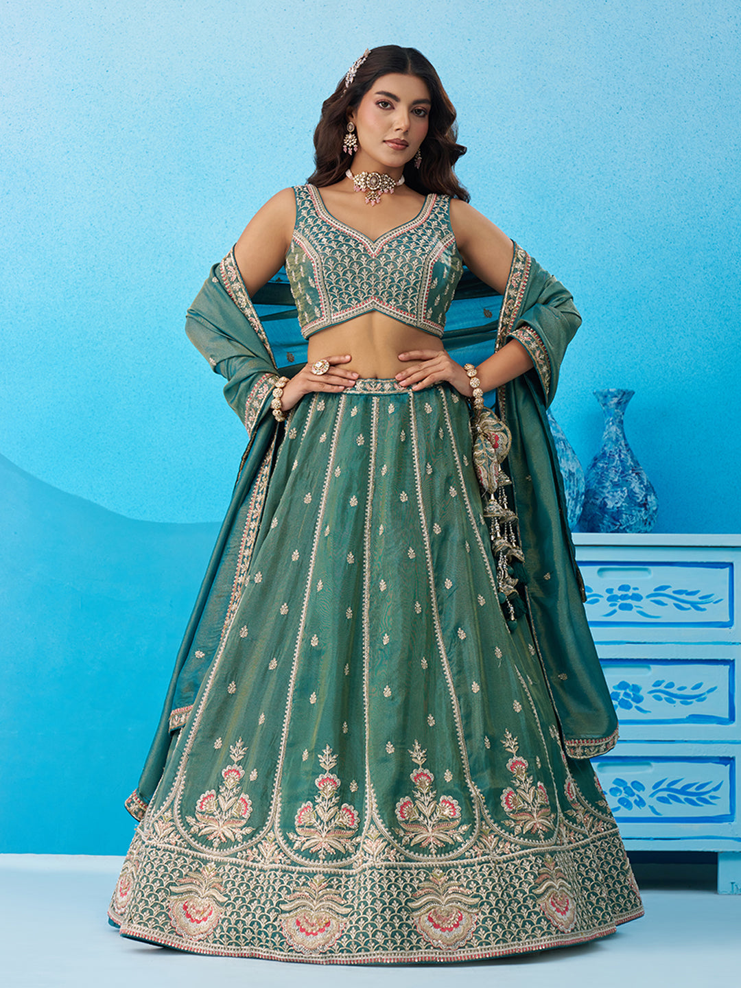 Teal- Tissue Beads & Sequins Embroidered Semi-Stitched Lehenga & Unstitched Blouse With Dupatta
