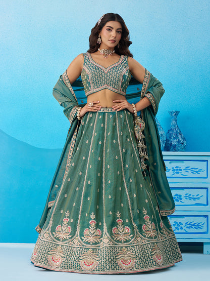 Teal- Tissue Beads & Sequins Embroidered Semi-Stitched Lehenga & Unstitched Blouse With Dupatta