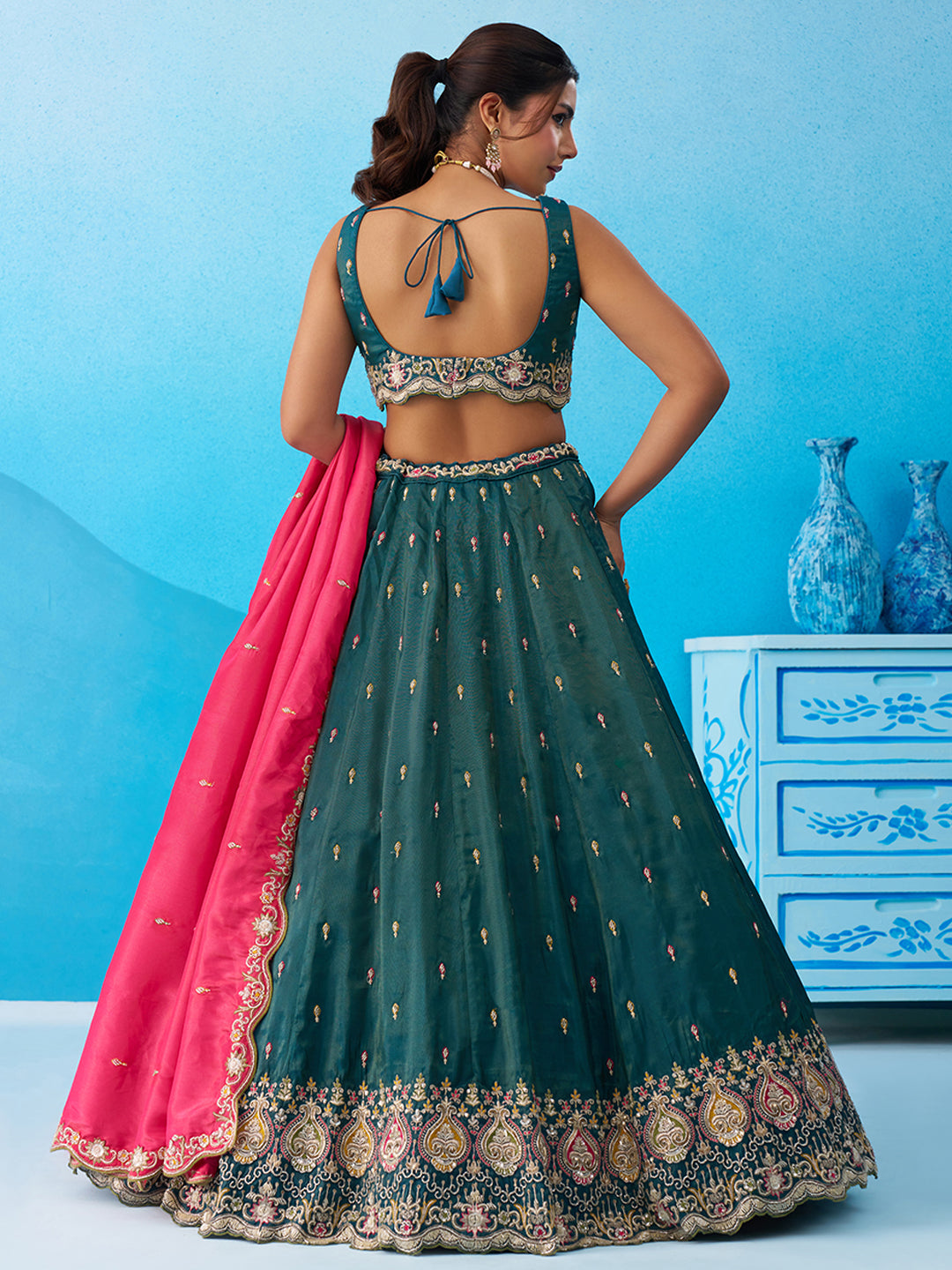 Teal- Cosmos Silk Beads & Sequins Embroidered Semi-Stitched Lehenga & Unstitched Blouse With Dupatta