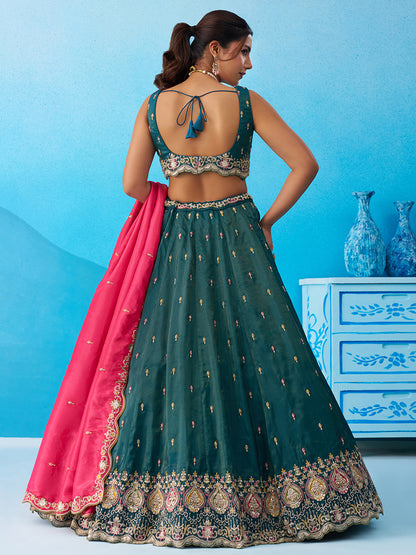 Teal- Cosmos Silk Beads & Sequins Embroidered Semi-Stitched Lehenga & Unstitched Blouse With Dupatta